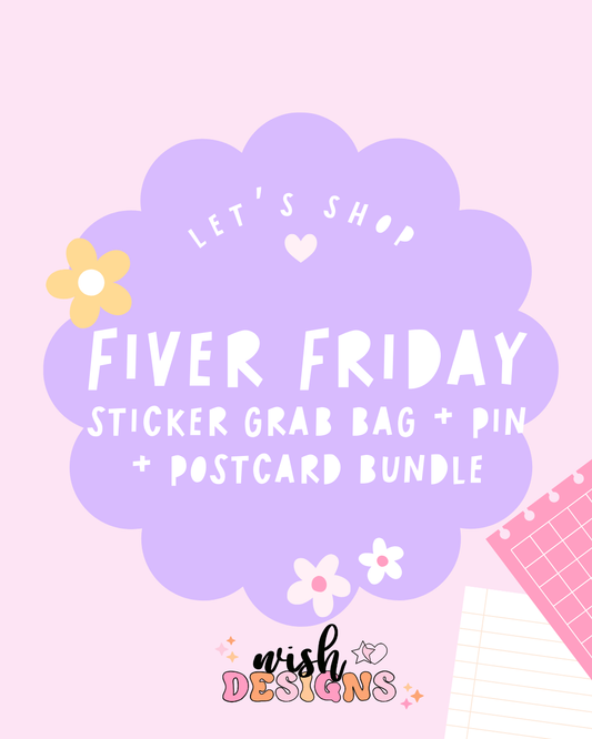 Mystery Large Sticker Grab Bag, Acrylic Pin & Postcard Trio Fiver Friday