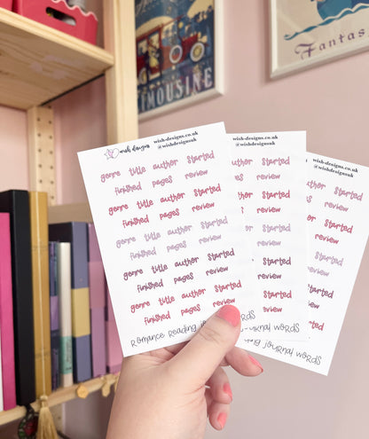 Romance Reading Journal Words Vinyl Sticker Sheet