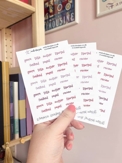 Romance Reading Journal Words Vinyl Sticker Sheet