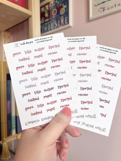 Romance Reading Journal Words Vinyl Sticker Sheet