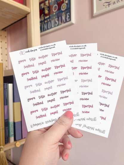 Romance Reading Journal Words Vinyl Sticker Sheet