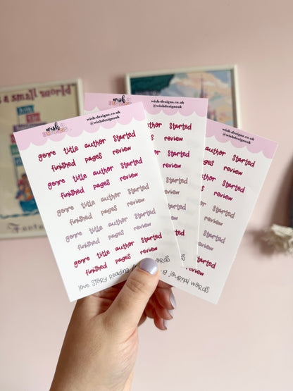 Love Story Reading Journal Words Vinyl Sticker Sheet